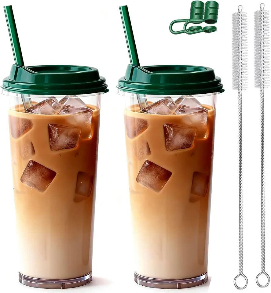 24oz Tumbler with Lid and Straw, Leak Proof and Double Wall Insulated Reusable Plastic Cups,Travel Reusable Iced Coffee Cup (2, Bottle Green)