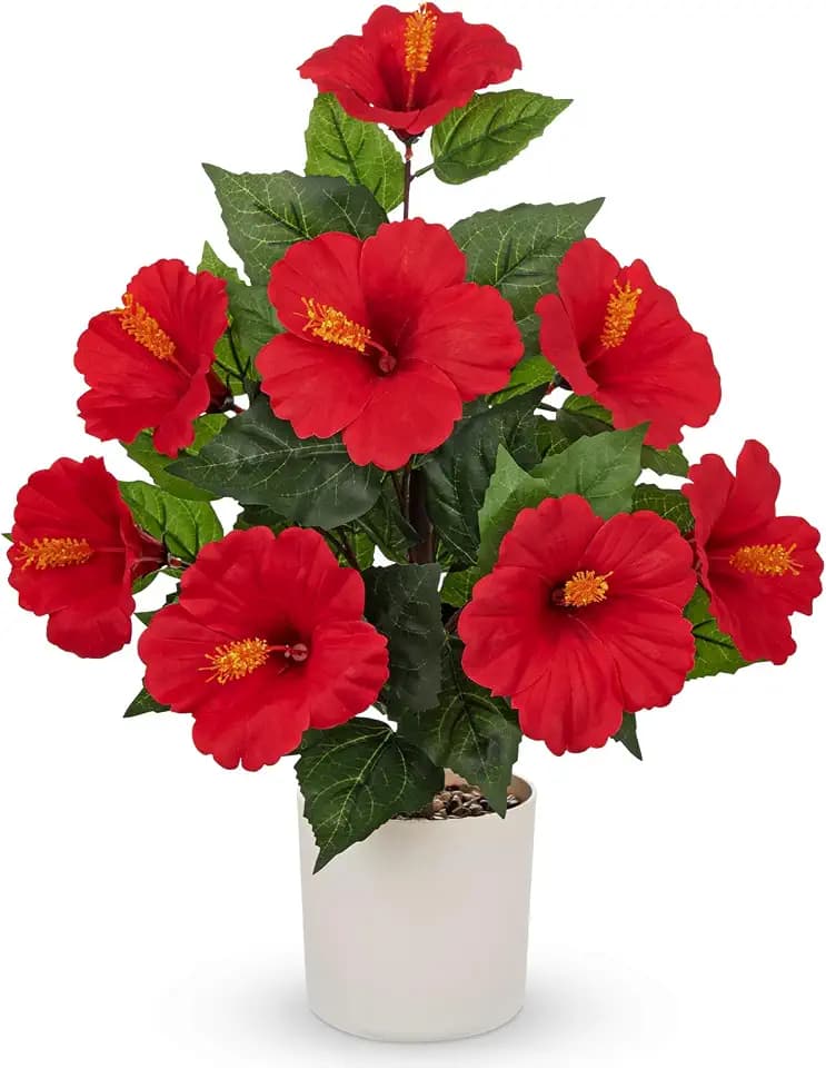 Briful 20.8" Artificial Hibiscus Plant, Faux Red Hibiscus Flowers for Home