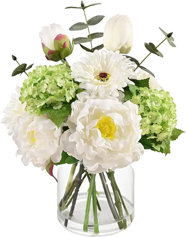 Livole Artificial Faux Flowers with Vase & Water Fake Peony Flowers, White