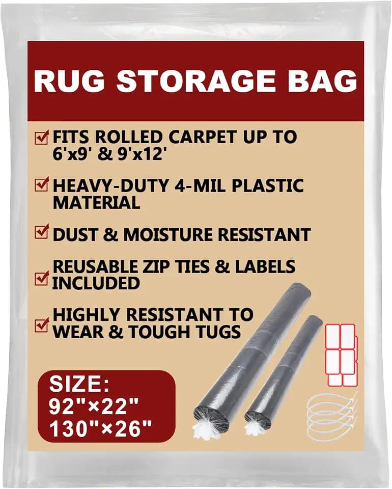 2PCS Carpet Storage Bag,Plastic Rug Storage Bag with Zip Tie,Rug Bags for Moving, Packing, Shipping,4 Mil Heavy Duty Fits Rolled Carpet up to 6'x9' and 9'x12' (6'x9' and 9'x12', Large+Giant)