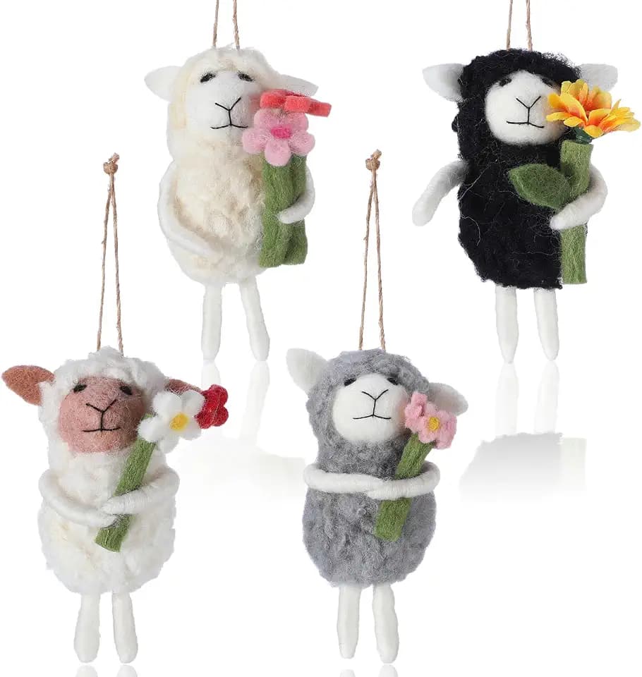 Soulchen 4 Pcs Felt Sheep Ornaments with Flowers Mini Lamb Figurines Decor