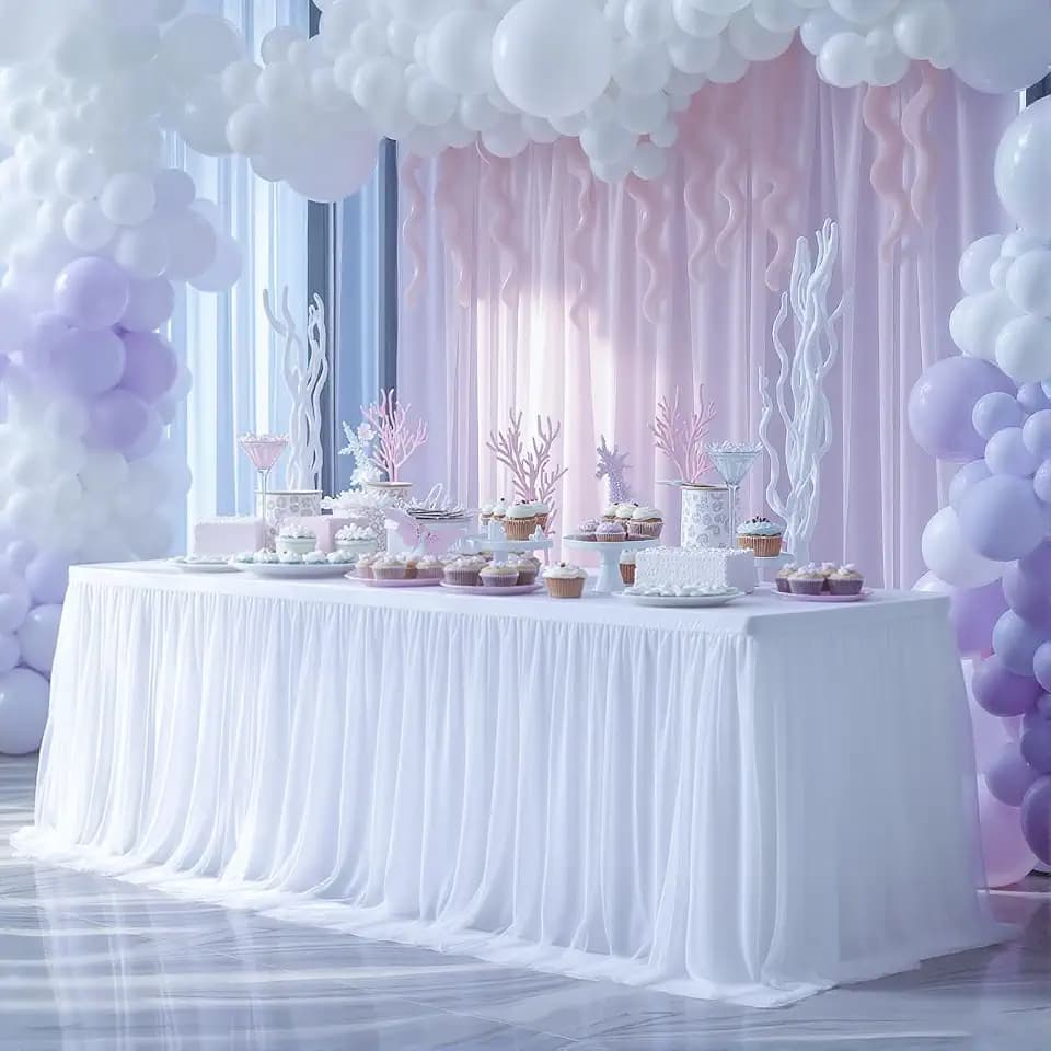 White Tablecloth for 6 Foot Rectangle Tables with Ruffle Tulle Table Skirt