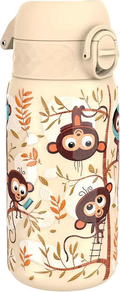 ion8 Kinder Trinkflasche, Edelstahl Leicht 400ml, Nicht Isoliert, Auslaufsicher, Einhandöffnung, Sichere Verriegelung, Spülmaschinenfest, Klappdeckel, Tragegriff, Leicht zu Reinigen, Affen