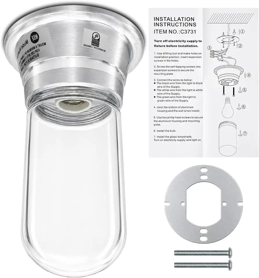 Restaurant Canopy Hood Light Fixture | Thermal and Shock Resistant with Clear Coated Tempered Glass Globe | Die Cast Aluminum Body for Commercial Kitchen Hood