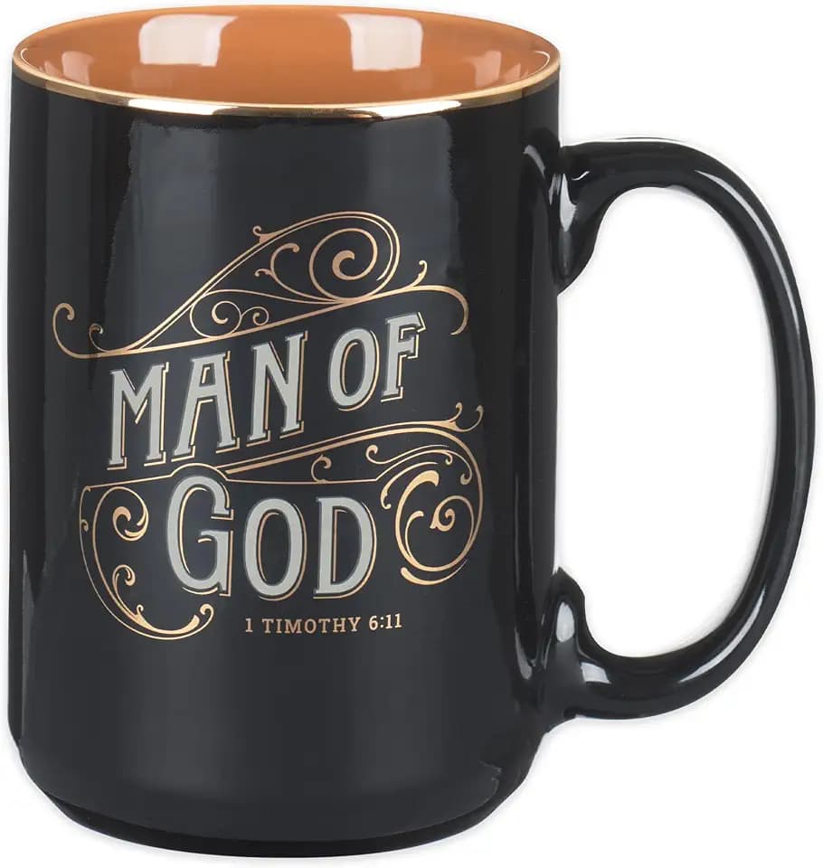 Christian Art Gifts Large Ceramic Inspirational Scripture Coffee & Tea Mug for Men: Man of God Encouraging Bible Verse, Sturdy Golden, Non-toxic Novelty Hot/Cold Beverage Cup, Black & Brown, 14 oz.