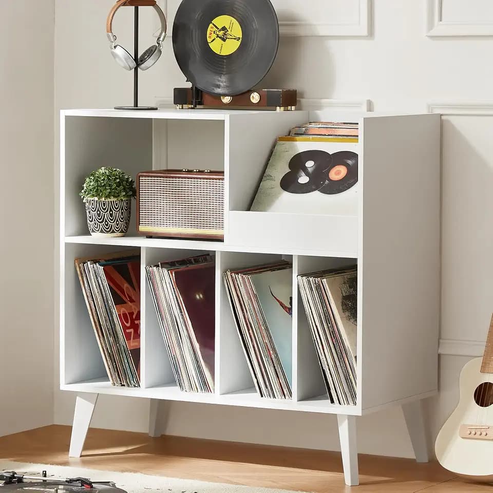 Großer Plattenständer mit Aufbewahrung,Plattenspieler-Ständer mit Ablage,Vinylplatten-Halterung mit Präsentationsfläche,Plattenständer für bis zu 300 Alben, Plattenregal für Musikzimmer und Wohnzimmer