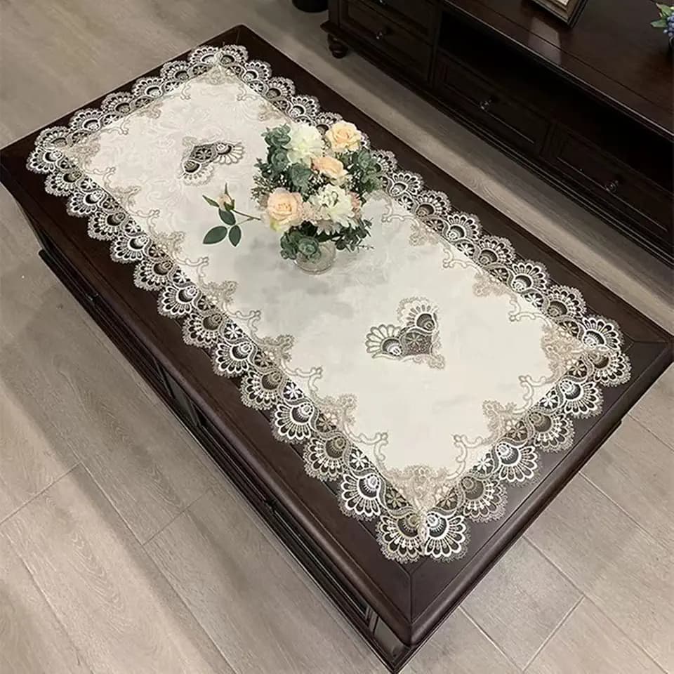 Beige Embroidered Coffee Table Cover Rectangular Dust Cover (31.5X55)