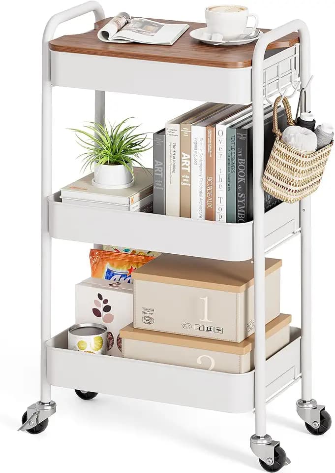 TOOLF 3 Tier Rolling Cart, Metal Utility Storage Cart with Wheels, White