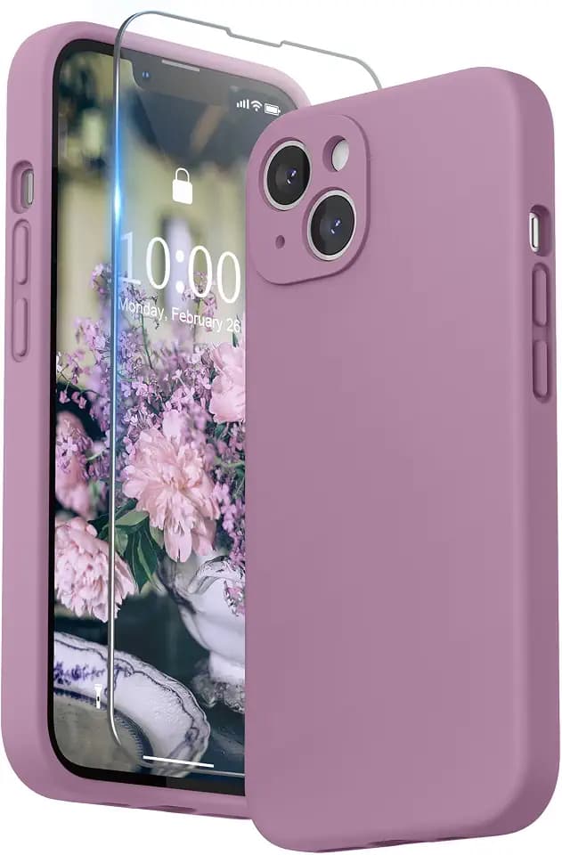 SURPHY Compatible with iPhone 13 Case with Screen Protector, (Camera Protection & Soft Microfiber Lining) Liquid Silicone Phone Case 6.1 inch 2021, Lilac Purple