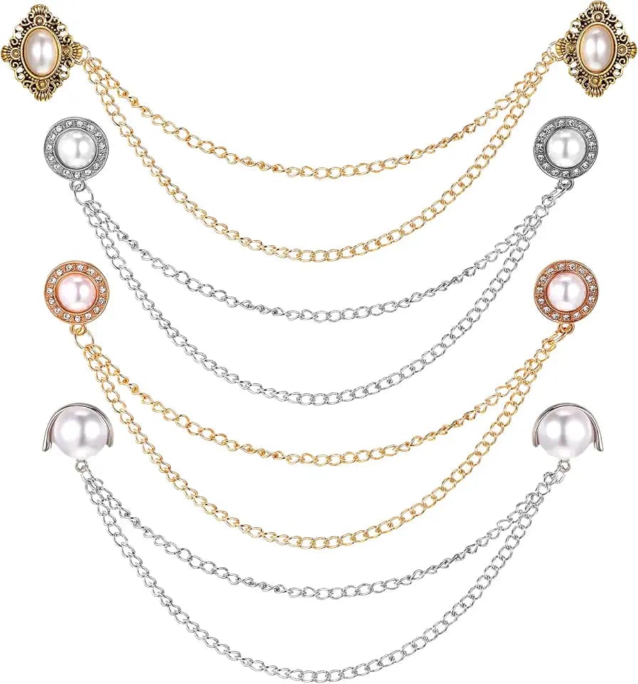 4 Pcs Vintage Chain Brooch Collar Pins Antique Sweater Shawl Cardigan Chain Clips Suit Lapel Pin for Women Men Accessories