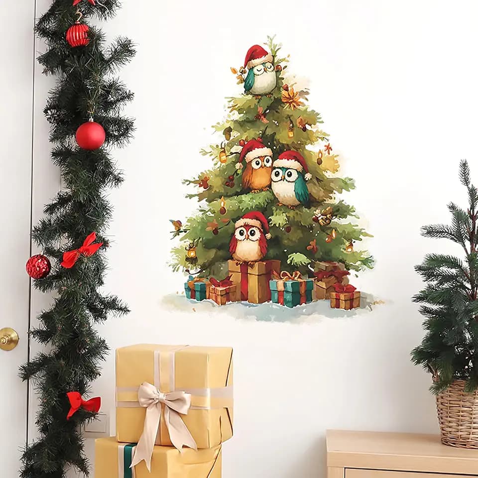 Christmas Wall Decals Peel and Stick Christmas Tree Owl Wall Stickers Vinyl Winter Xmas Wall Decor for Bedroom Living Room Home Christmas Party Decorations