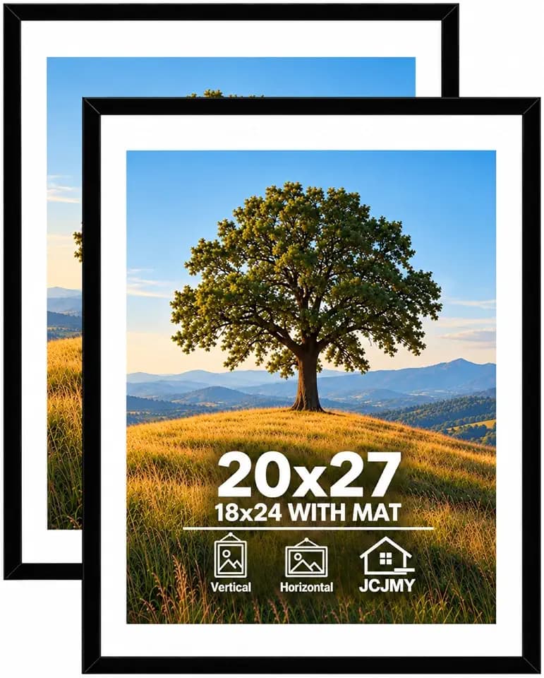 JCJMY 20x27 Picture Frame Set of 2 with 18x24 Mat, Black 20 x 27 Poster Frames with Shatter Resistant Plexiglass, Display 18 x 24 with Mat or 20 by 27 Without Mat, Sturdy Wall Hanging Frames
