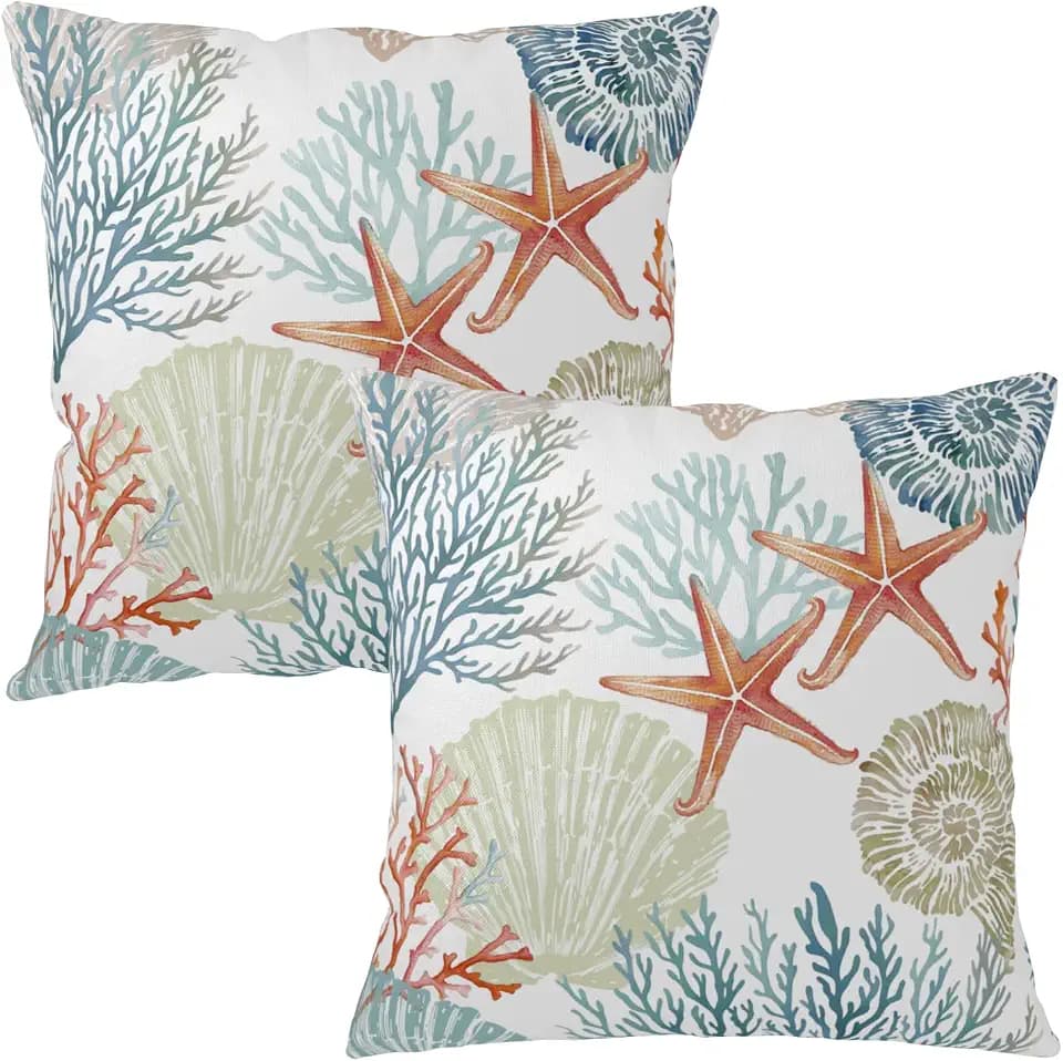 Nautical Coastal Throw Pillow Covers 18x18 Set of 2 Ocean Themed Summer Outdoor Pillow Cases Coral Starfish Seashell Beach Decorative Cushion Cover for Sofa Couch Porch Living Room