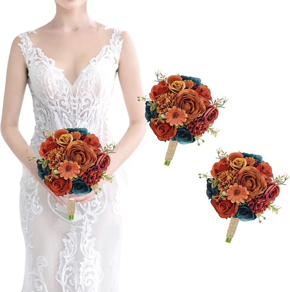Set of 2 Bridesmaids Bouquets 7 inch Artificial Bridesmaid Bouquet for Wedding Silk Rose Small Floral Bouquet for Vintage Fall Bridal Shower Marriage Proposal Ceremony Decor - Dark Teal & Burnt Orange