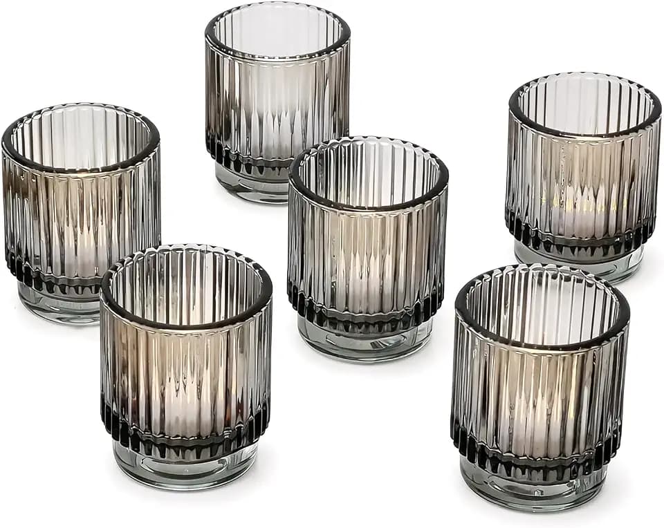 Kate Aspen Ribbed Glass Candle Holder Set - 6 Smoke Gray Tealight Holders for Home, Kitchen, Room or Living Room Decor - Vintage Tea Light Votive Accent for Table or Shelf Styling