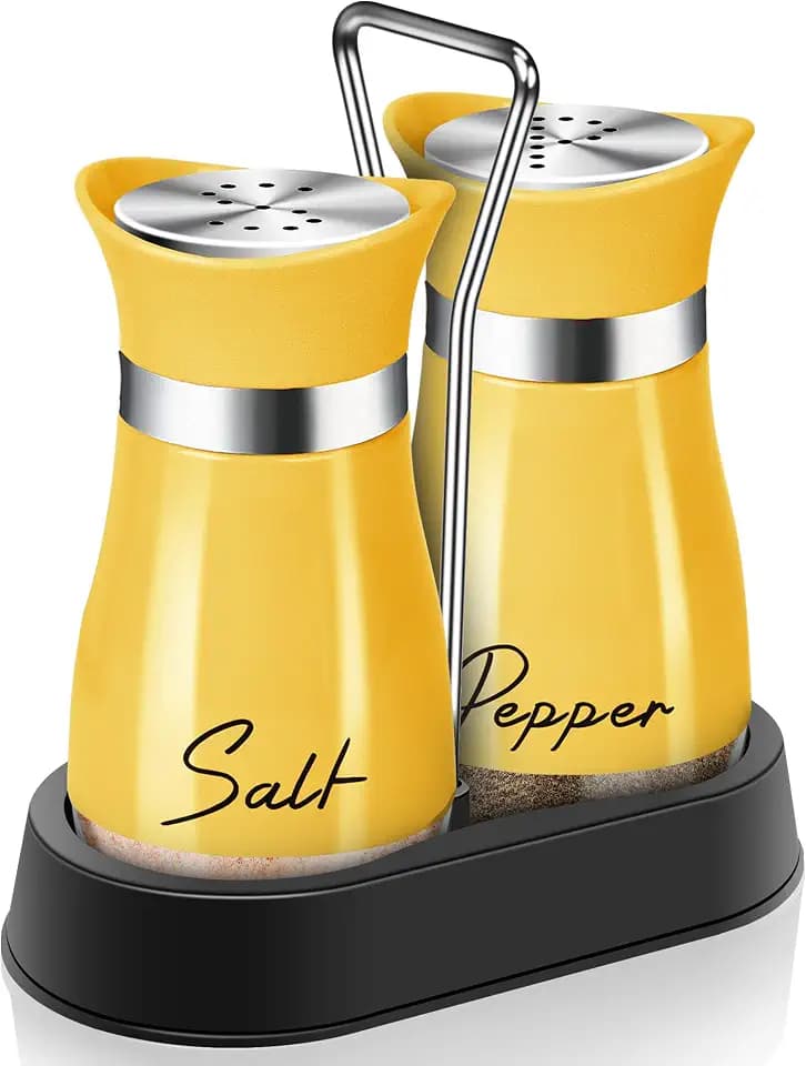 Yellow Salt and Pepper Shakers - 4 oz Set with Holder for Kitchen Decor