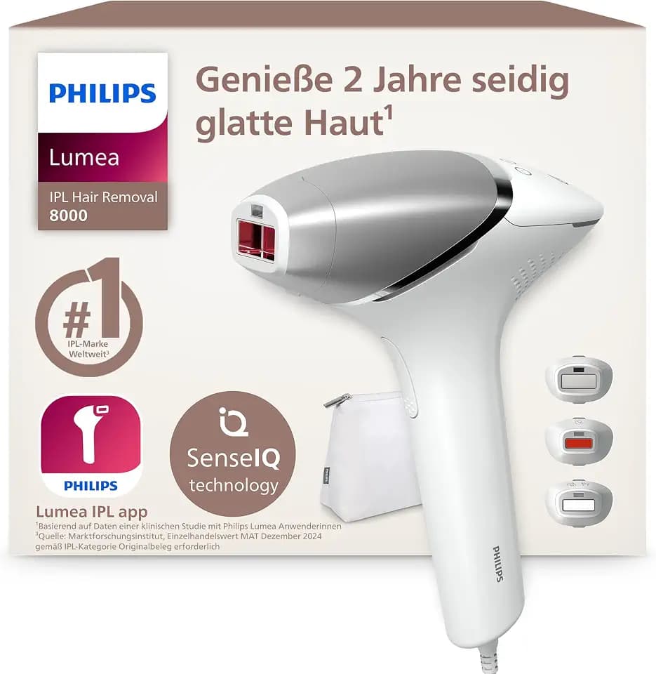 Philips Lumea IPL 8000 Series - IPL Geräte Haarentfernung für bis zu 2 Jahre seidig-glatte Haut¹ mit 3 Aufsätzen für Körper & Gesicht, Alternative zur Laser-Haarentfernung (BRI946/00)