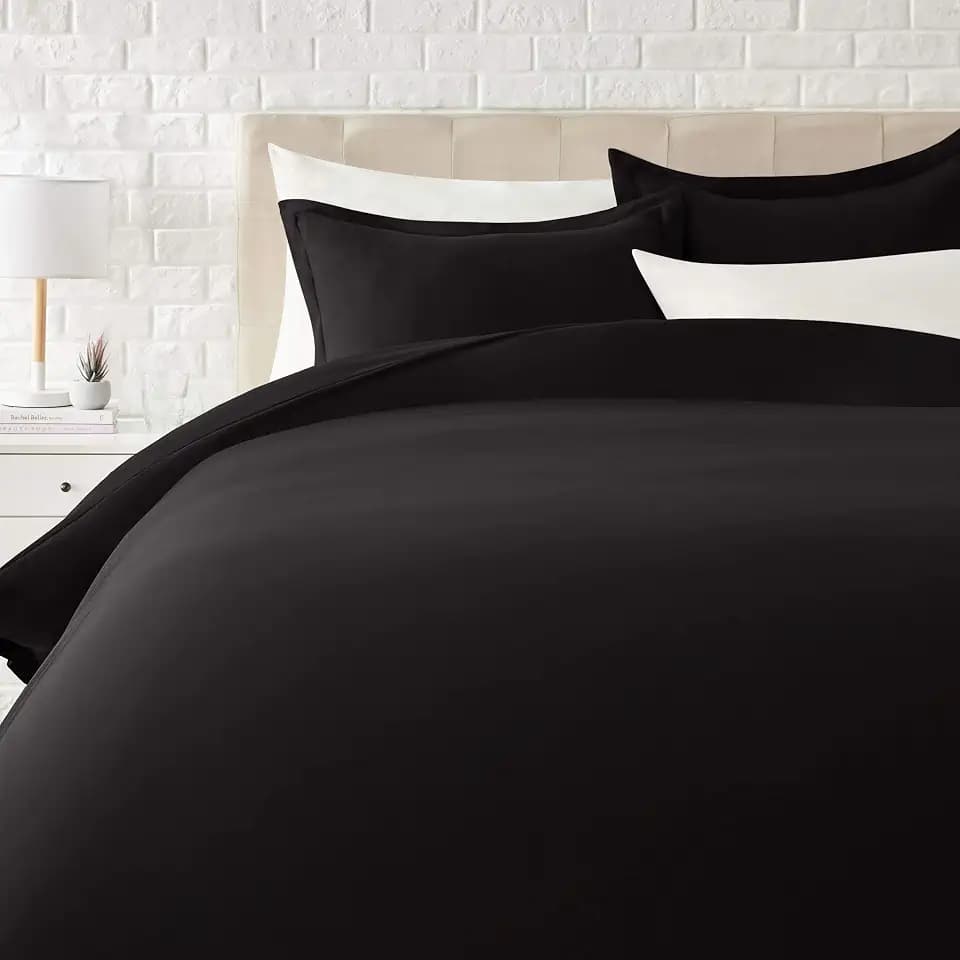 Amazon Basics Lightweight Soft Microfiber 3-Piece Duvet Cover Set with Zipper Closure, Full/Queen, Black, Solid