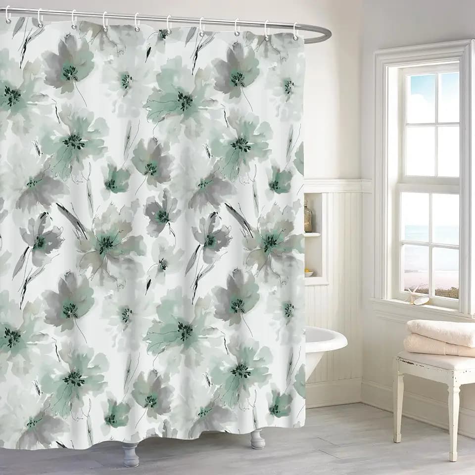Green Gray Floral Shower Curtain,Green Grey Flower Shower Curtain Set for Bathroom,Natural Watercolor Flower Fabric Bath Curtain with Hooks, 72x72in
