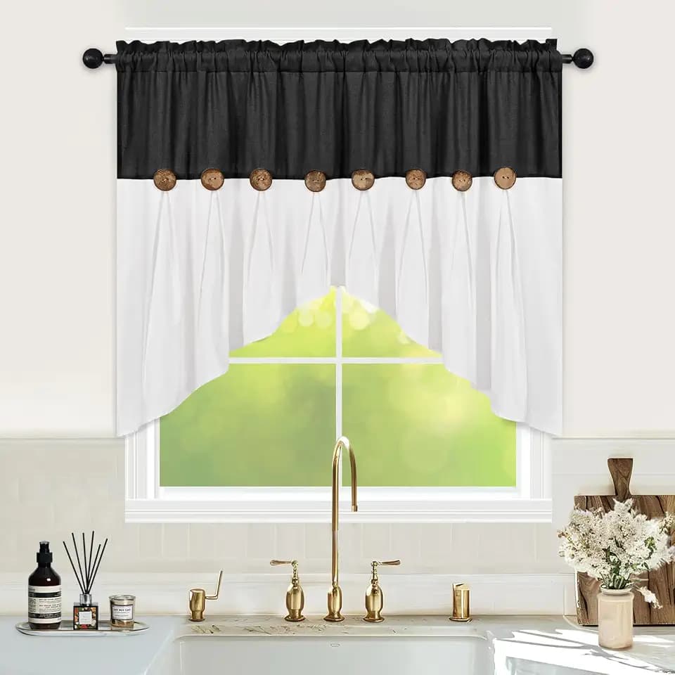 FRAMICS Farmhouse Swag Curtain, Boho Cotton Linen Valance Curtain, Black Rustic Button Window Valance for Kitchen Bathroom Bedroom, Country Rod Pocket Valances for Windows, Black, 52 x 36 Inch