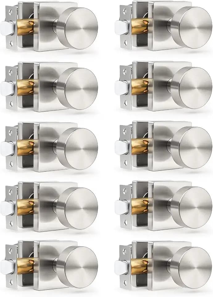 Gobrico Brushed Nickel Passage Door Knobs with Square Rosette(10 Pack), Heavy Duty Closet Door Handles Without Lock, Door Knob Sets for Hallway