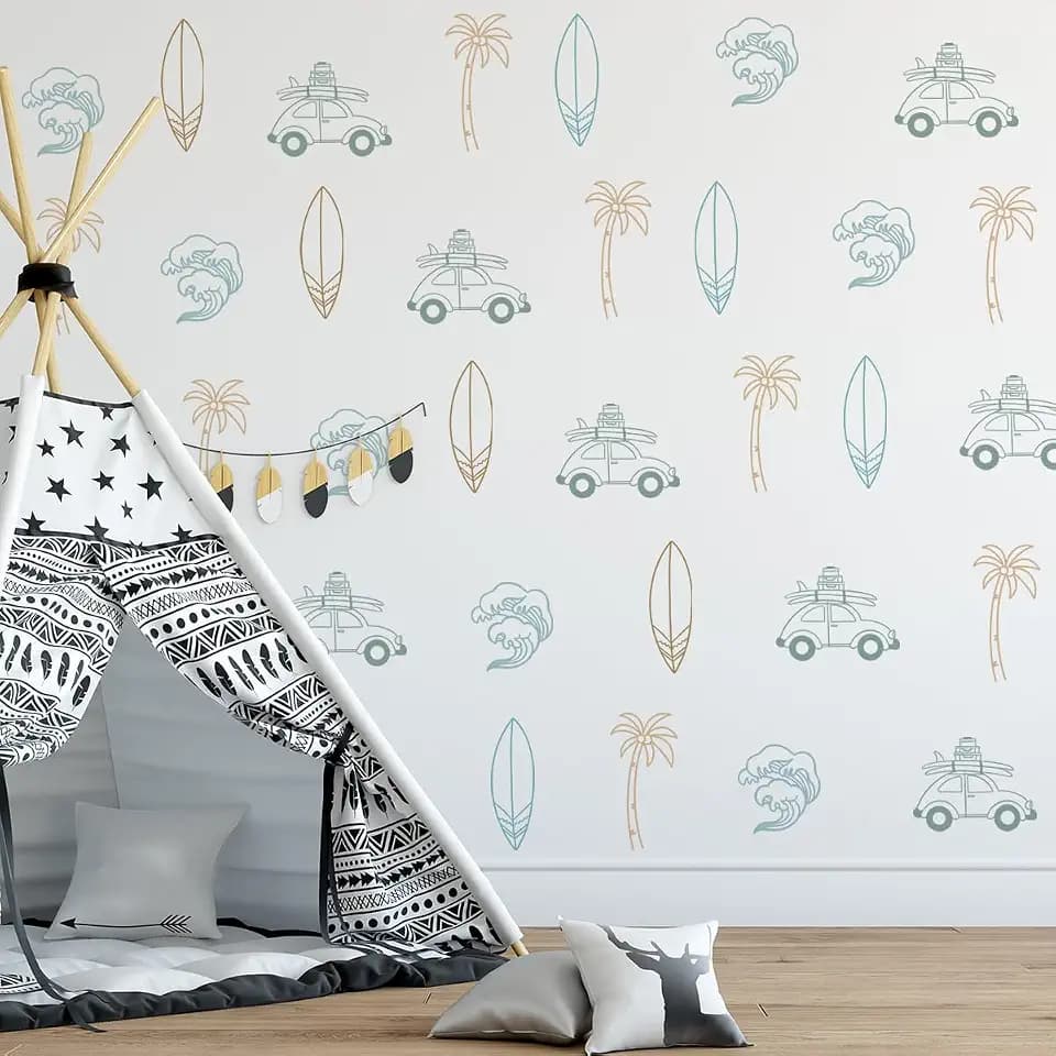 Retro Surfer Theme Wall Sticker, Ocean Wall Decals, Boys Beach Room Decals,Palm Tree Sun Decoration, Peel and Stick Removable Vinyl Underwater Wall Sticker, Kids Bedroom Nursery Room Decoration.