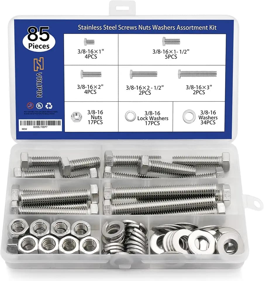 85PCS Nuts and Bolts 3/8-16 x 1”, 1-1/2”, 2”, 2-1/2”, 3” Carbon Steel Hex Nuts and Bolts Assortment Kit Hardware Screws Assortment Kit (5 Different Sizes)