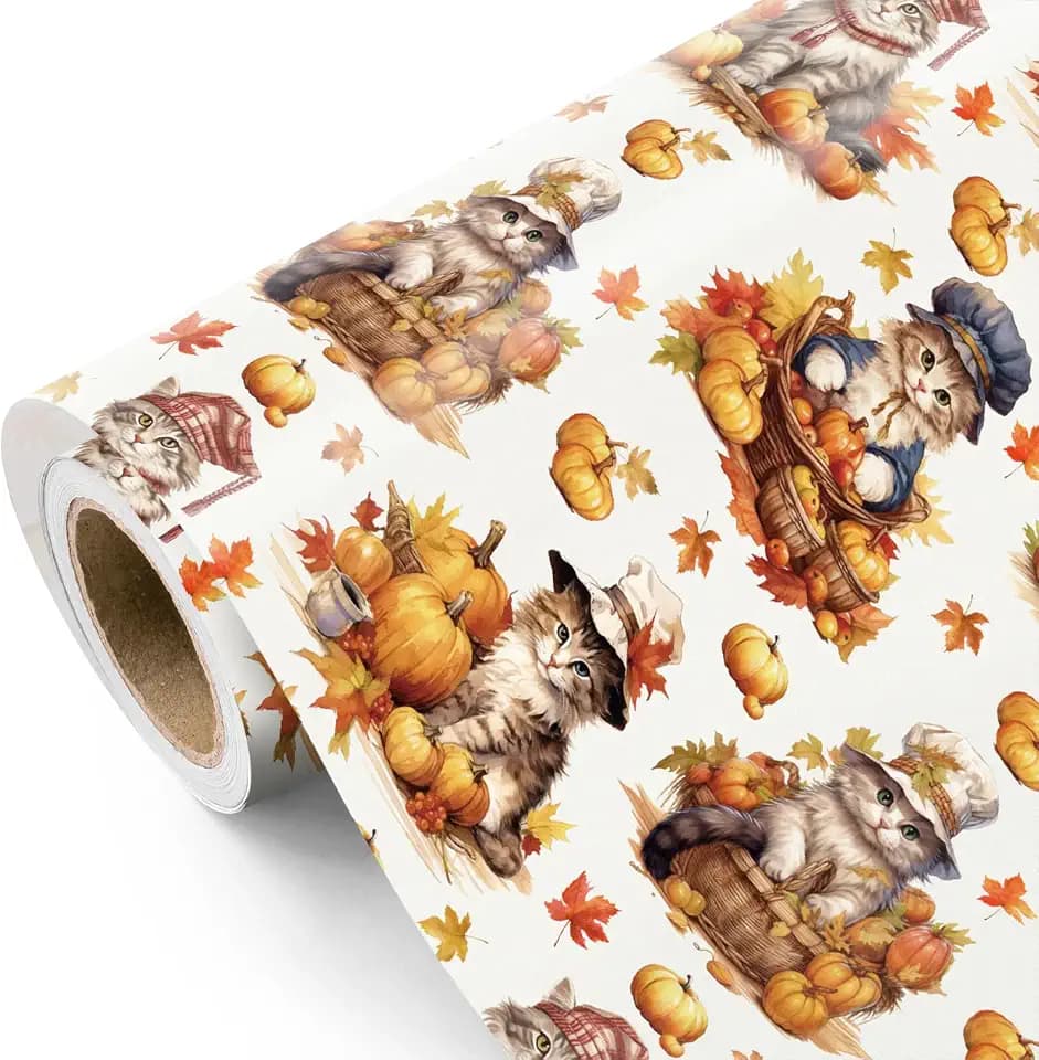 WRAPAHOLIC Fall Cat Wrapping Paper - Mini Roll - 17 Inch x 16.5 Feet - Adorable Cat and Pumpkin Fall Wrapping Paper for Autumn, Thanksgiving, Party, Holiday