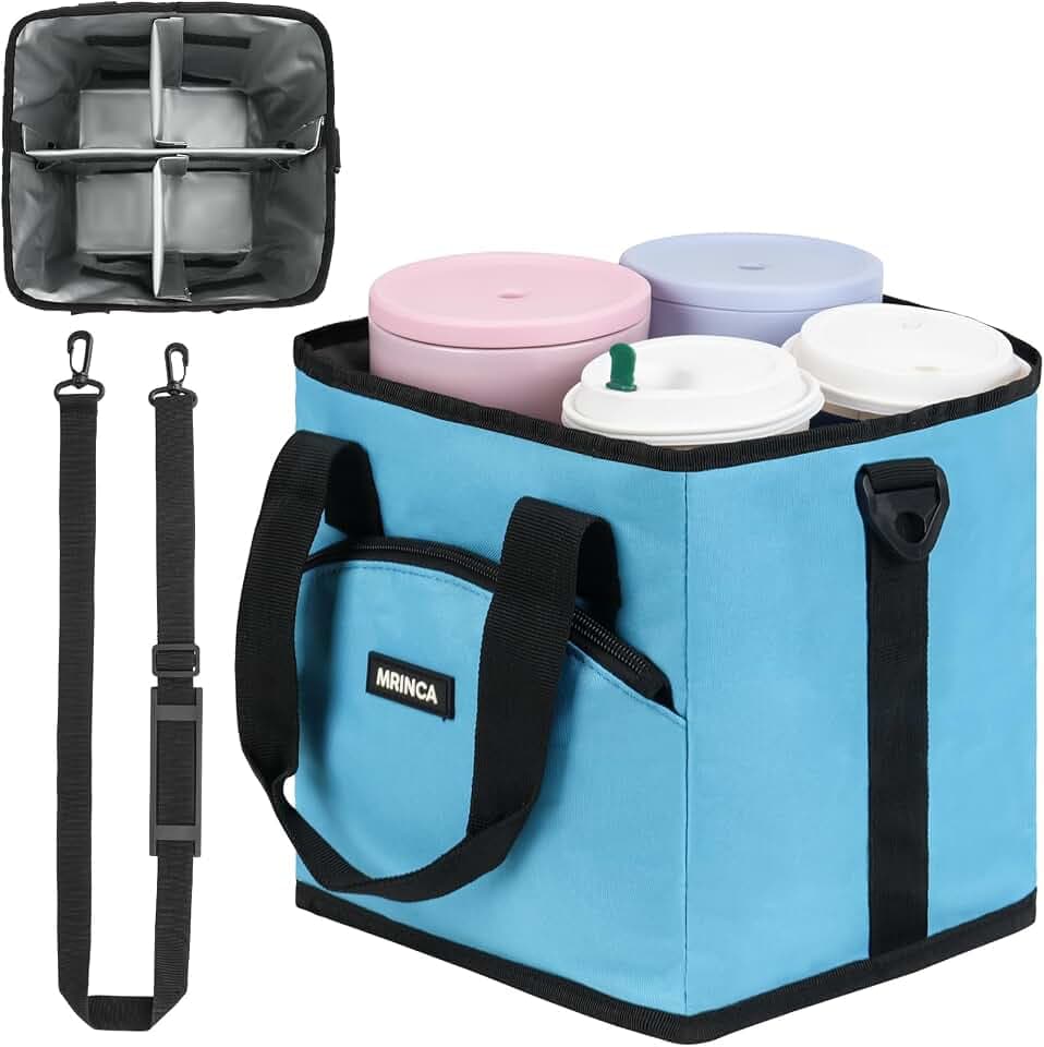 Reusable Insulated 4-Cup Drink Carrier with Handle, Blue