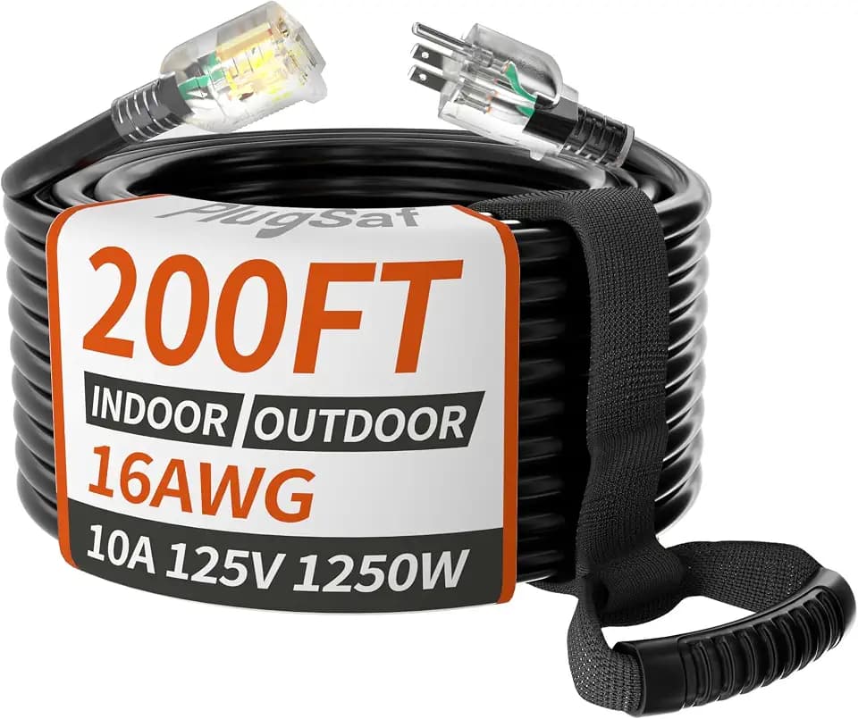PlugSaf 16AWG 200 ft Black Extension Cord Outdoor, Long Extension Cord