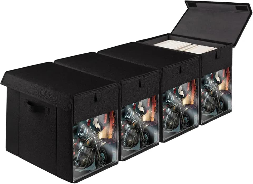 4 Pack Comic Book Storage Box with Lid for Modern Age, Collapsible Magazine Organizer with Clear Window, Heavy Duty Case Container Holder, Black