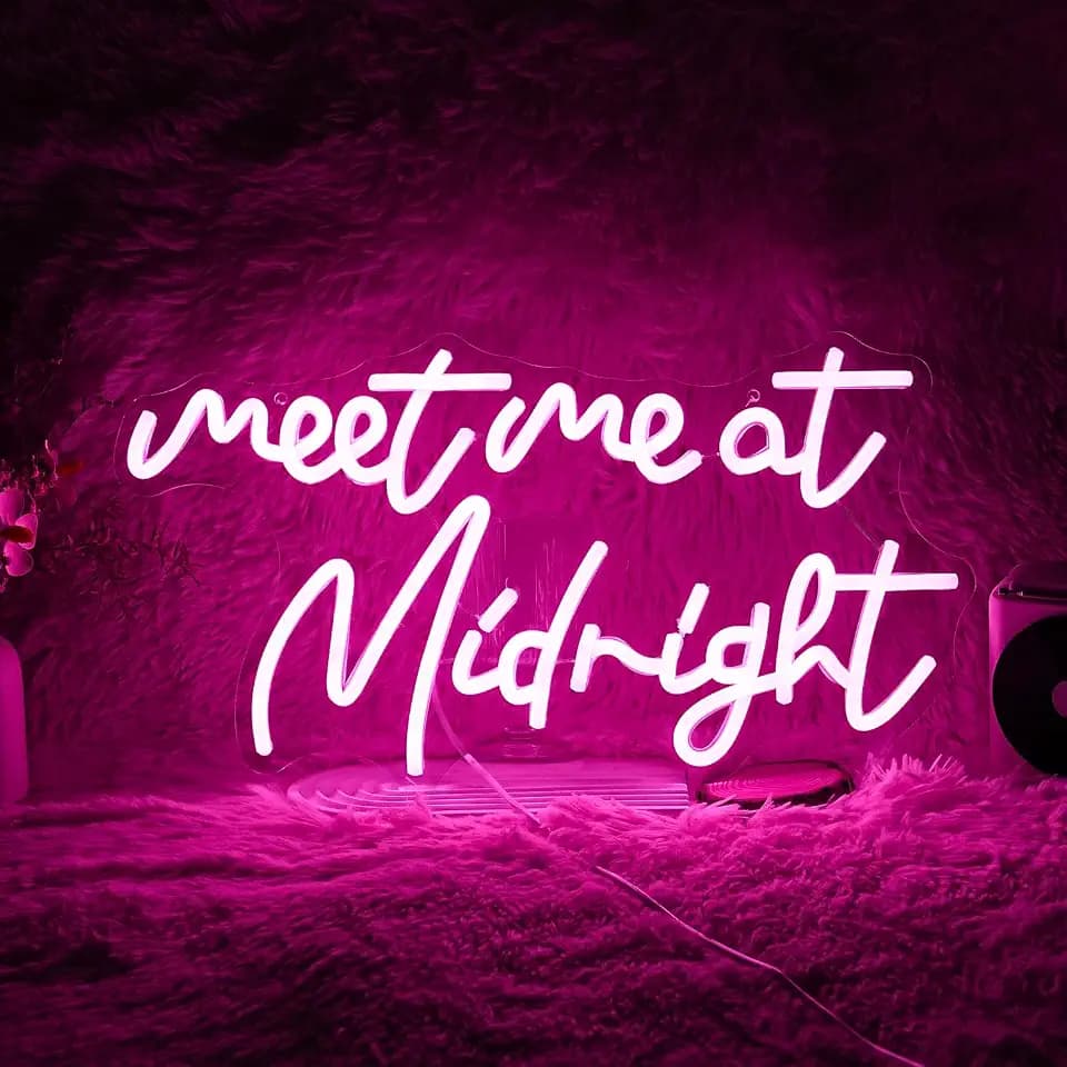 Dimmable Meet Me At Midnight Neon Sign LED Pink Words Neon Light For Wall Decor USB Powered Letters Light Up Sign for Bedroom Party Bar man cave (16.5“*8.7”)