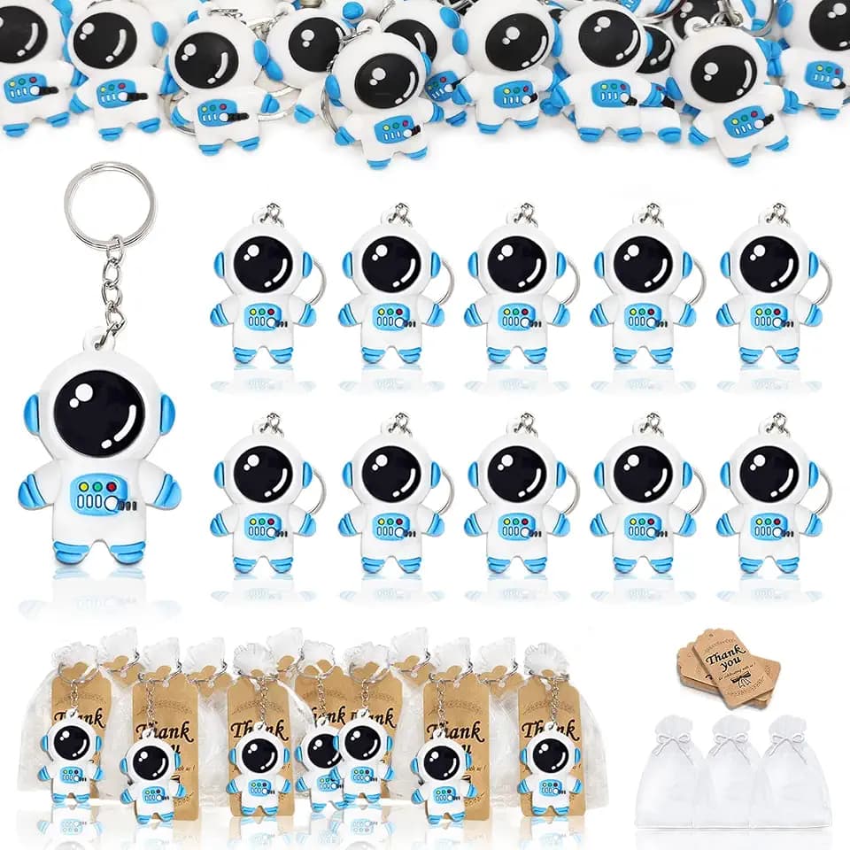 CiciBear Astronaut Party Favors - 45 Pack with 15 Keychains, 15 Tags and 15 Bags for Outer Space, School, Kids Parties, Blue