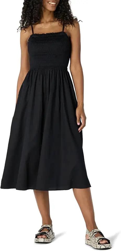 Amazon Essentials Women's Regular-Fit Cotton Sateen Smocked Bodice Midi Dress with Removable Straps, A-line Ruffle