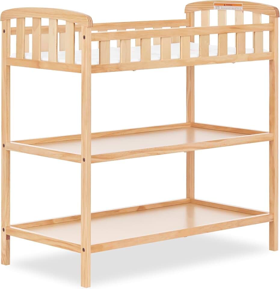 Dream On Me Emily Changing Table, Compact and Portable Solid New Zealand Pinewood, Safety Rails, Two Storage Shelves, Includes Water-Resistant 1" Changing Pad — Natural