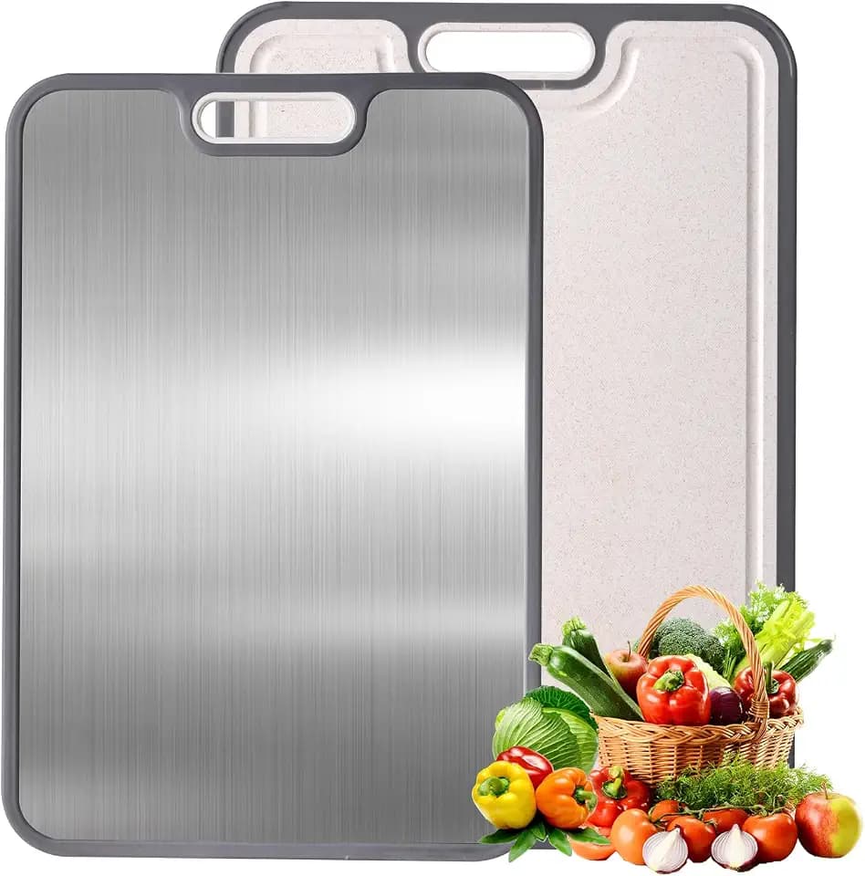 Stainless Steel Cutting Board for Kitchen, Cutting Board Double Sided Food Grade, 304 Stainless Steel/Wheat straw PP Large Board for meat,non toxic Chopping, Dishwasher Safe Size 15"×10"