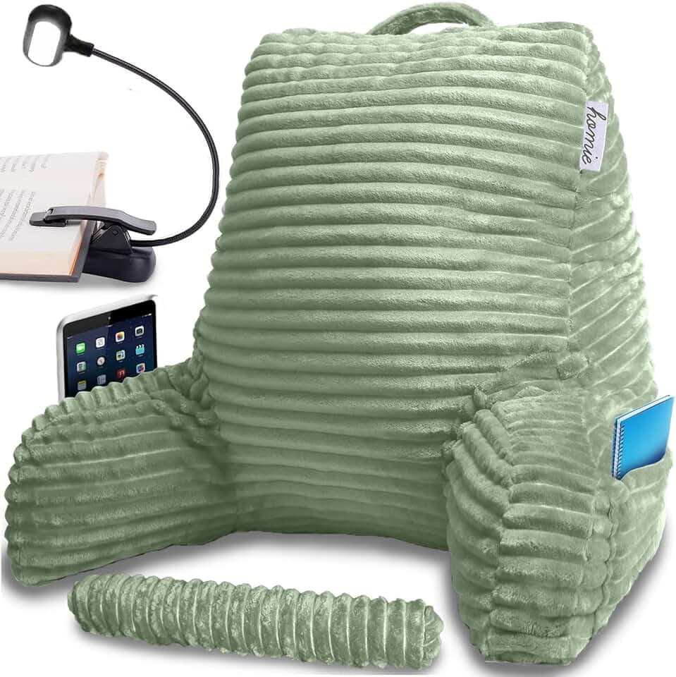 Homie Reading Pillow with Reading Light and Wrist Support, Has Arm Rests, and Back Support for Bed Rest, Lounging, Reading, Working on Laptop, Watching TV (Green)