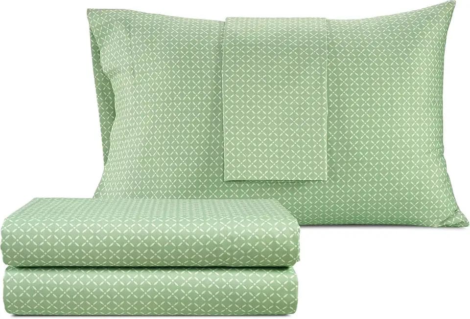 Izod Queen Bed Sheet Set, 100% Cotton Sateen Silky, Green Mosaic, Soft, 4Pc