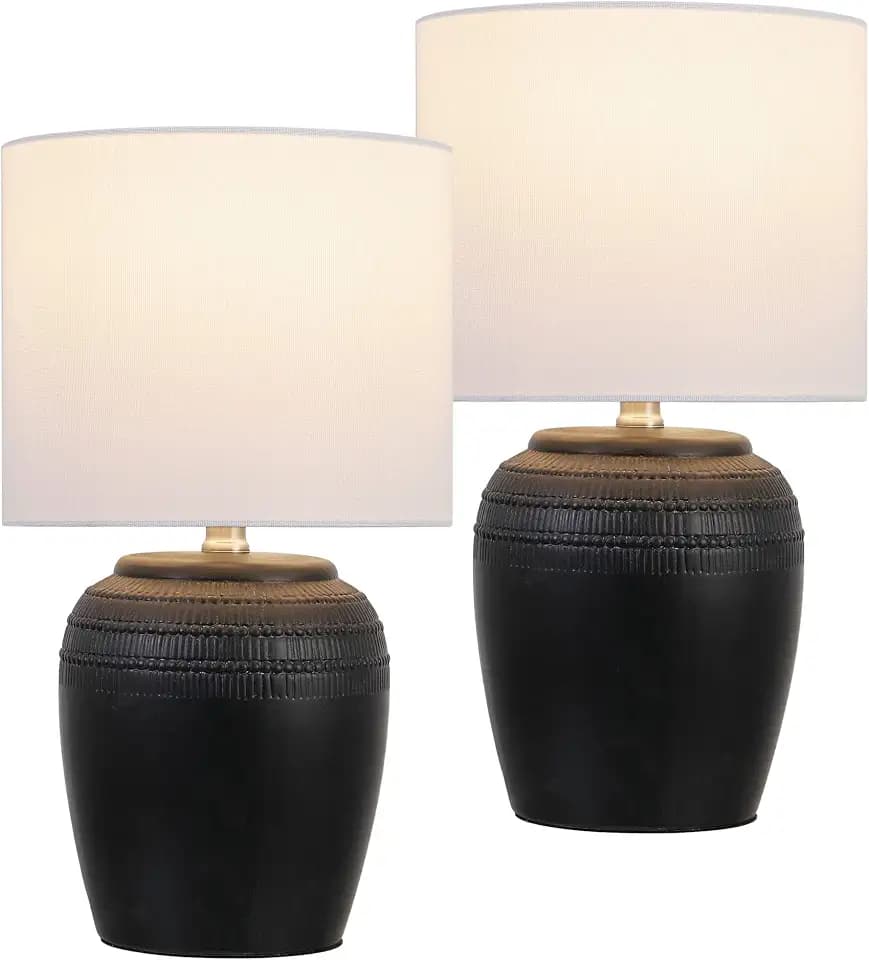 JONATHAN Y Hugo 16.75" Reeded Ceramic Table Lamp, Black/Nickel, Set of 2