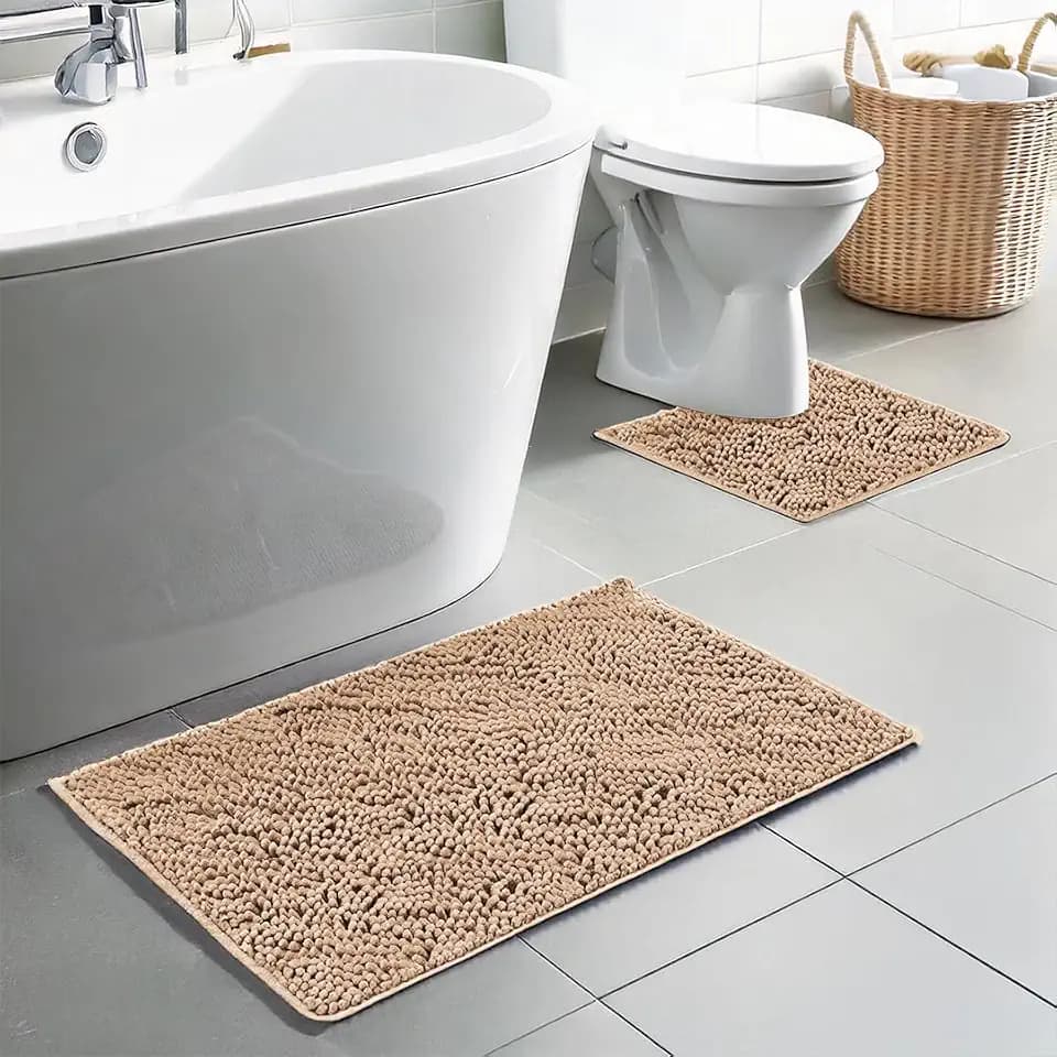 Muddy Mat® Chenille Bathroom Rugs Set Quick Dry Microfiber Mats Non Slip Washable, Extra Thick, Soft and Highly Absorbent Bath Mats (20”x30”) with U Shaped Toilet Mat (20”x20”) – Beige