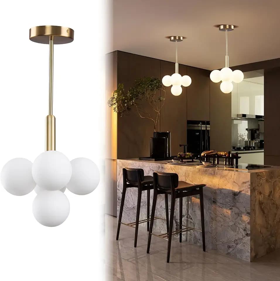 Moderne Gold Kronleuchter,Weißem Glas Globe Pendelleuchten, 5-flammiges Design,Verstellbare Vintage Hängeleuchte,Halbeinbau Deckenleuchte,Geeignet für Flur,Esszimmer und Küche