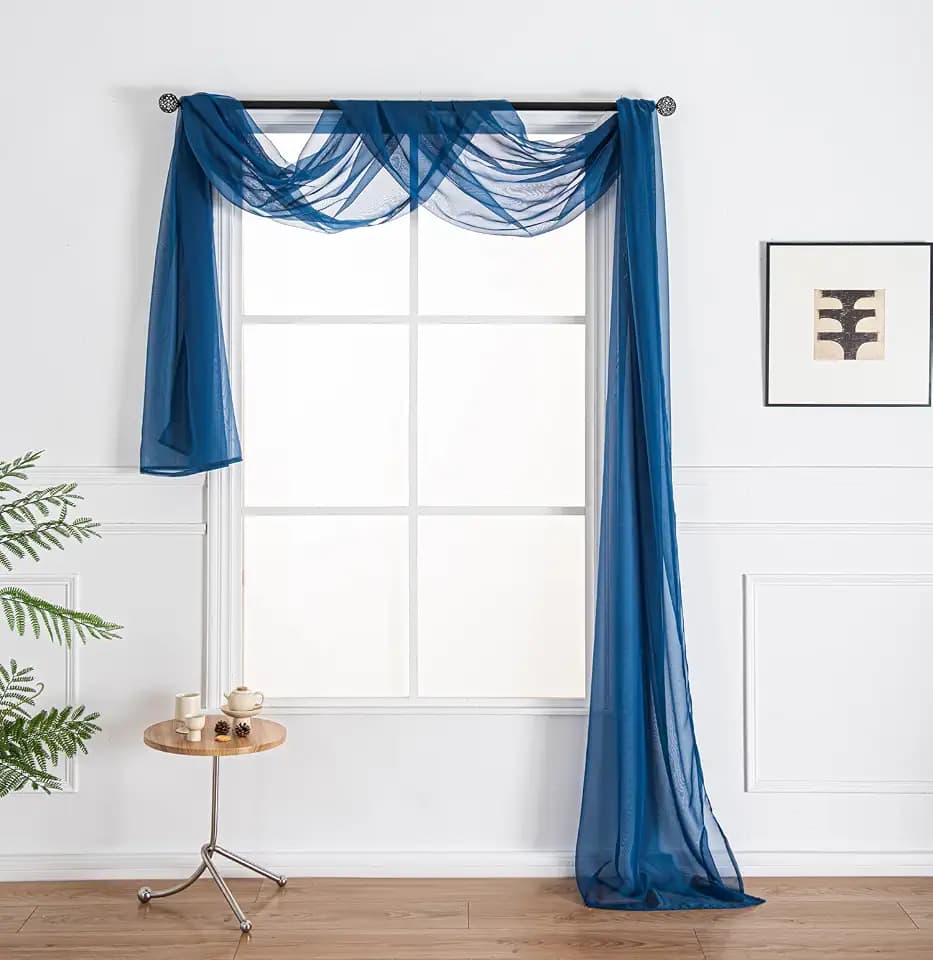WPM Royal Blue Extra Long Sheer Window Scarf Valance. 38”W x 216”L Valances Voile Swag for Windows- Living Room, Kitchen, Wedding Arches, Bedroom Décor, Events. Fully Stitched and Hemmed