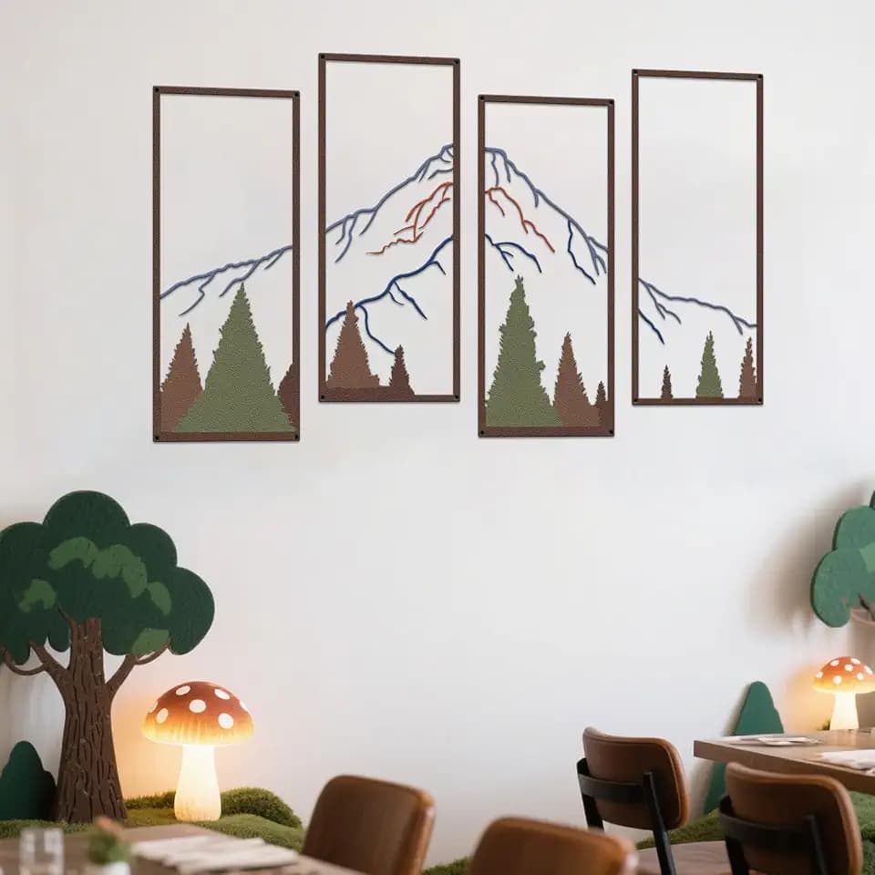 ruelen 4 Pcs Metal Mountain Forest Wall Decor Colorful Landscape Wall Art