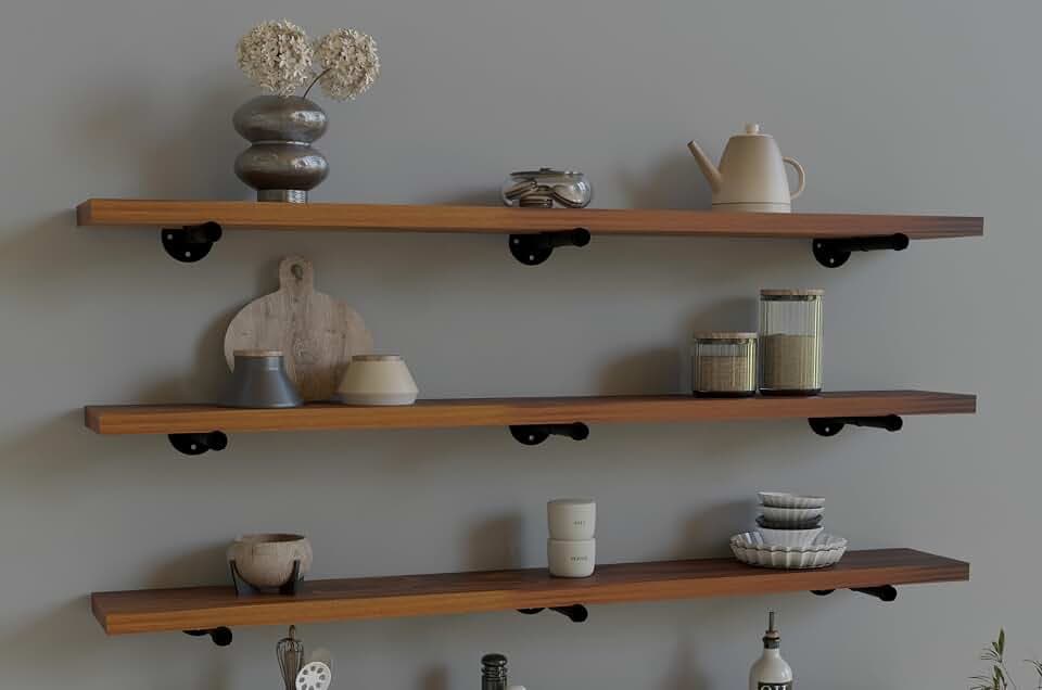 HDDFER Industrial Pipe Wall Wood Shelves,Real Wooden Shelves 48" in Special Brown Color with 1.2" Extra Thickness, Modern Floating Shevles Bookshelf Shelving Units for Rustic Farmhouse Decor
