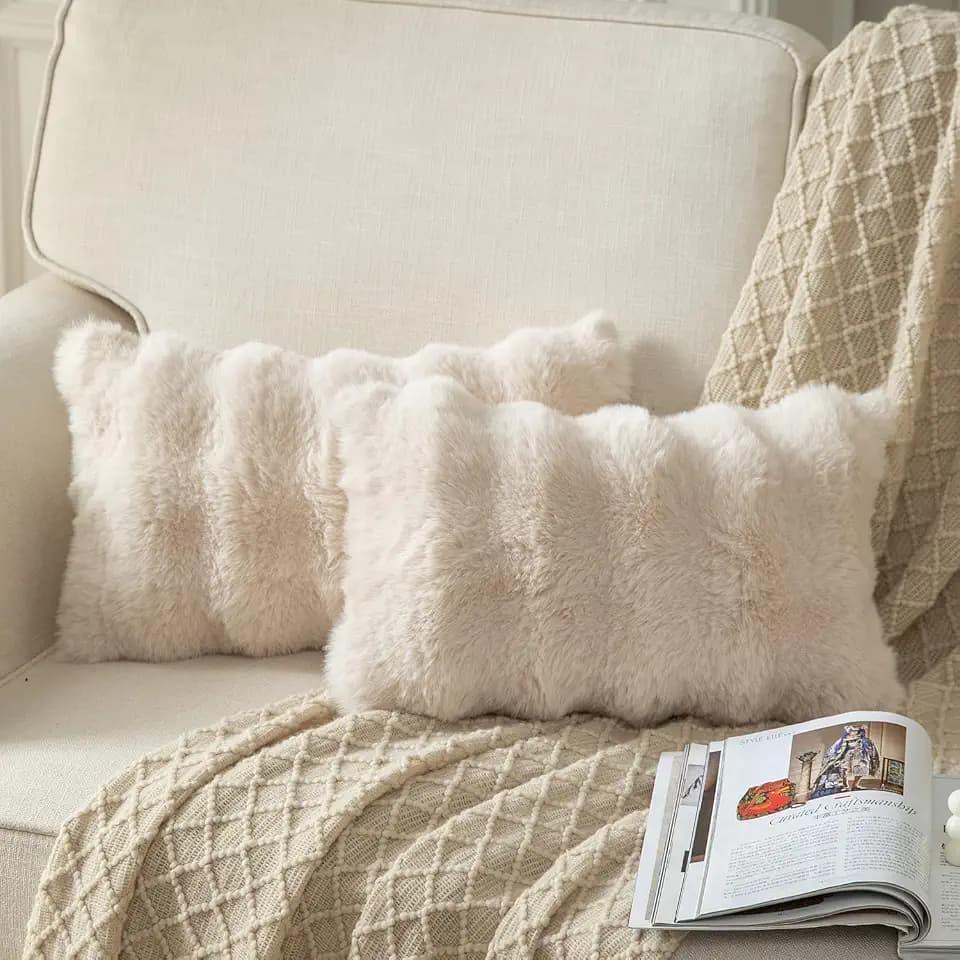 Yaertun Pack of 2 Beige Thick Soft Wool Decorative Throw Pillow Covers 12x20 Inch Faux Fur Plush Fluffy Cushion Covers for Sofa Couch Bedroom