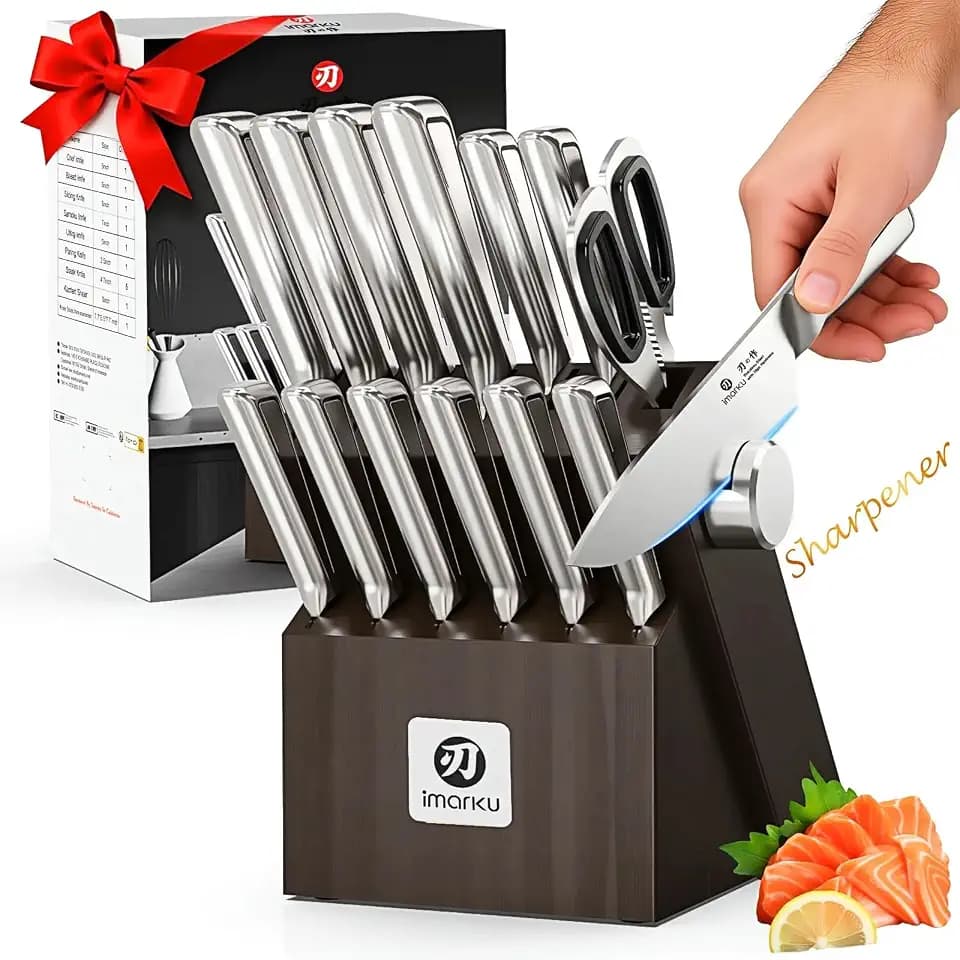 imarku G14 Japanese Kitchen Knife Set, Stainless Steel with Block, 14pc