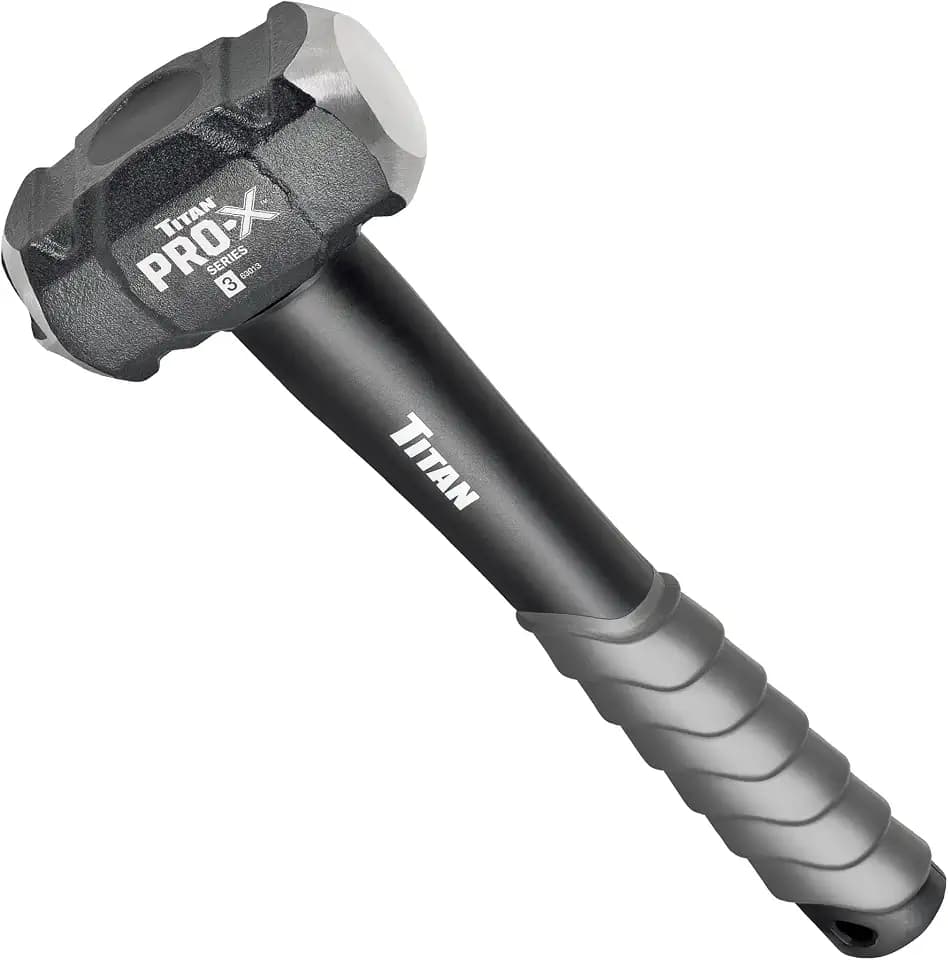 Titan Pro-X 63013 3lb Drilling Hammer, Dual-Face Sledge with Cross-Pattern Face for Concentrated Power & Flat Face for Stake Driving, Overstrike Protection, 12" Fiberglass Handle with Textured Grip