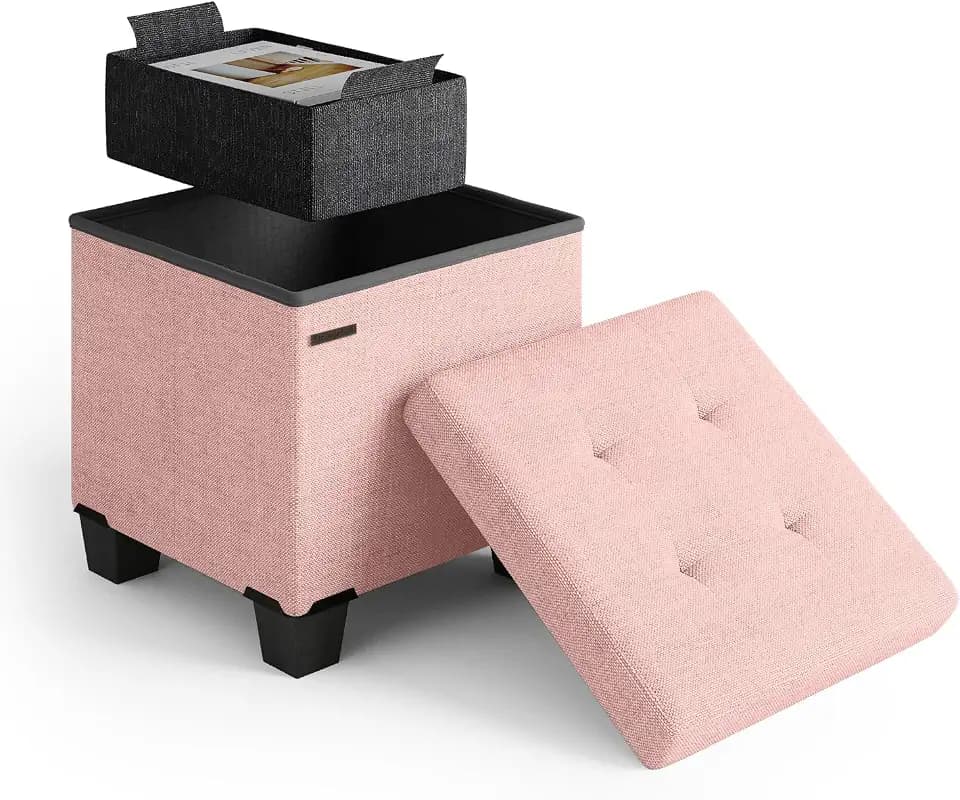 Storage Ottoman Cube with Small Bin, 15-in Square Ottoman with Storage for Living Room and Bedroom, Small Ottomans Foot Rest, Fabric Foot Stools Ottomans Max 330lbs, Pink