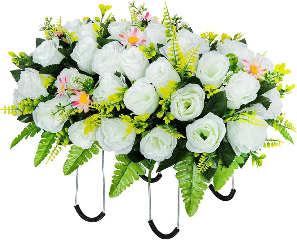 Artificial Headstone Flower Saddle, Cemetery Flowers for Grave, Cemetery Saddles for Headstones, Memorial Grave Flowers for Cemetery Tombstone Headstone Decoration(White)