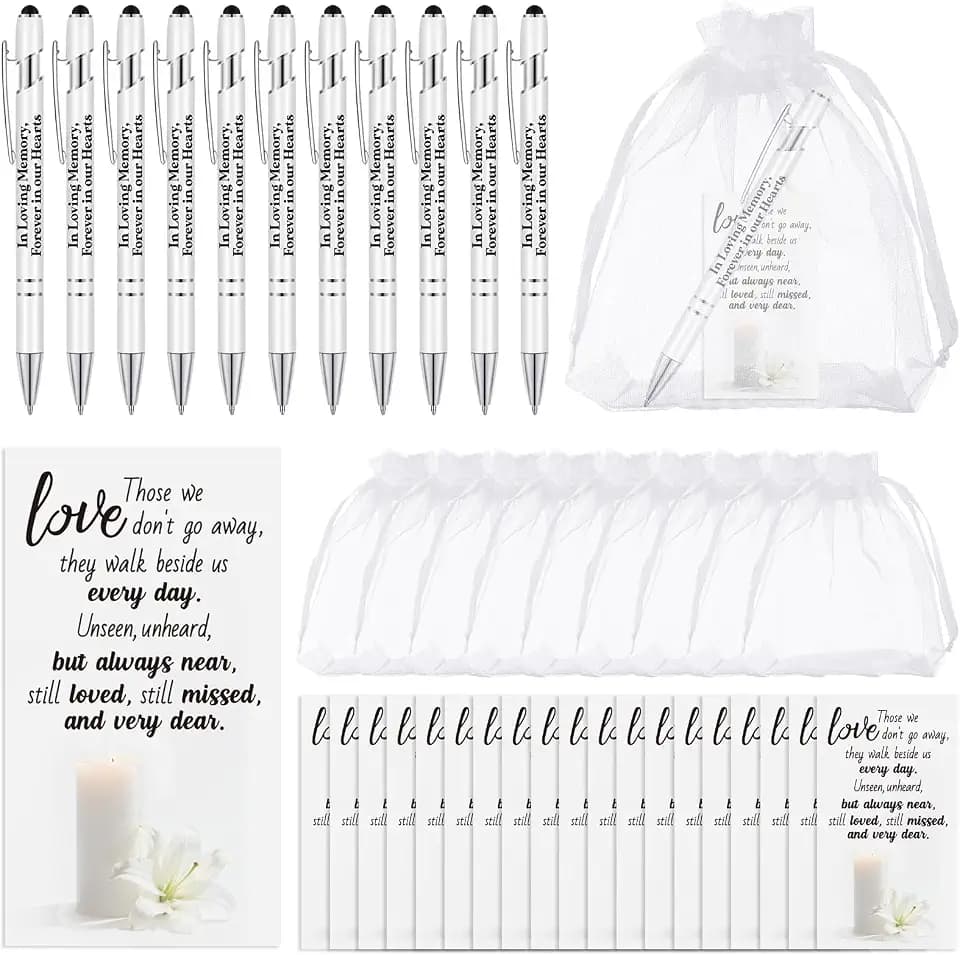 Yeaqee 150pcs/50set Funeral Favor Pen Poem Card for Guests, White, Elegant